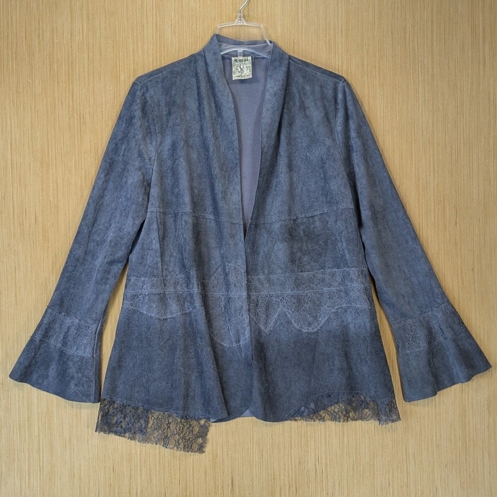 Boho Whimsigoth Western Faux Suede Lace Trim Bell Sleeve Cardigan Jacket L Gray